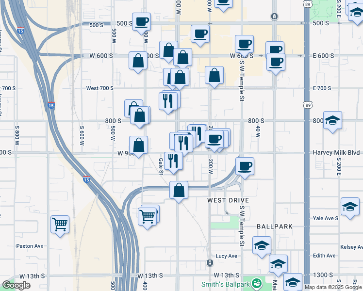 map of restaurants, bars, coffee shops, grocery stores, and more near 850 South 300 West in Salt Lake City