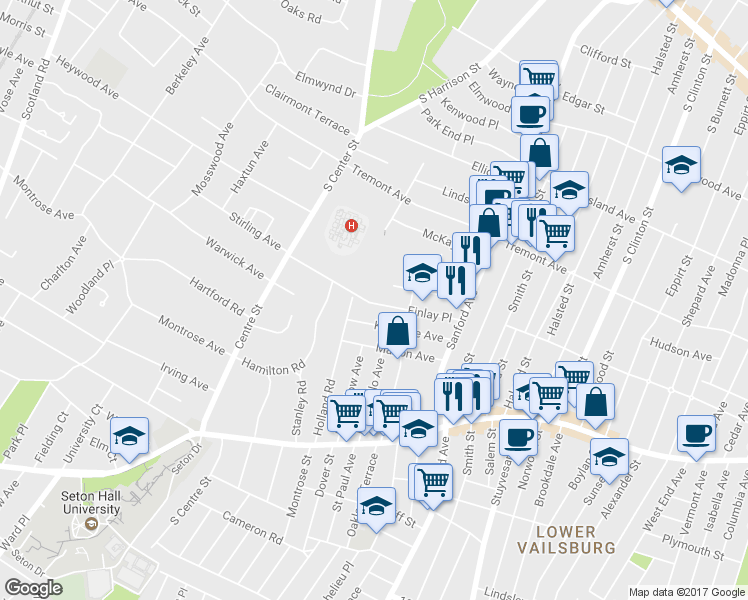 map of restaurants, bars, coffee shops, grocery stores, and more near 81 Finlay Place in Newark