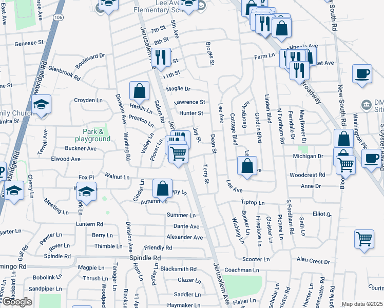 map of restaurants, bars, coffee shops, grocery stores, and more near 3 Tobias Street in Hicksville