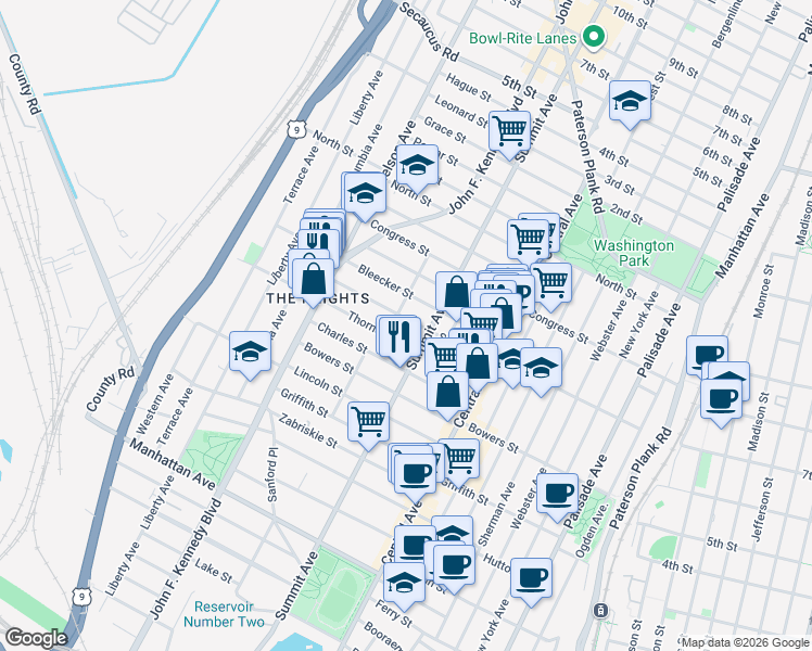 map of restaurants, bars, coffee shops, grocery stores, and more near 186-188 South Street in Jersey City
