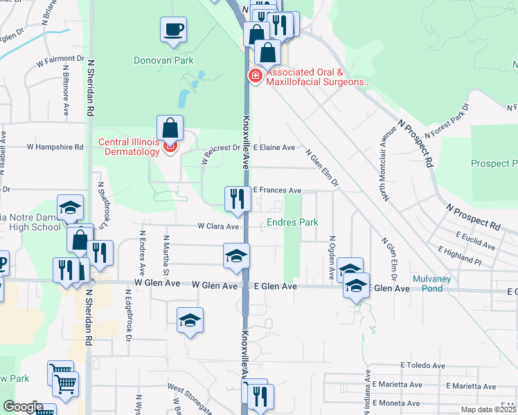 map of restaurants, bars, coffee shops, grocery stores, and more near 5250 Knoxville Avenue in Peoria