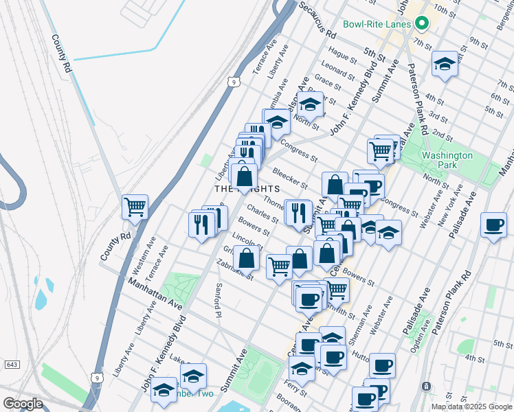 map of restaurants, bars, coffee shops, grocery stores, and more near 130 Charles Street in Jersey City
