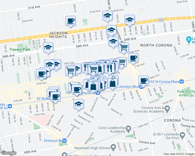 map of restaurants, bars, coffee shops, grocery stores, and more near 37-05 90th Street in Queens