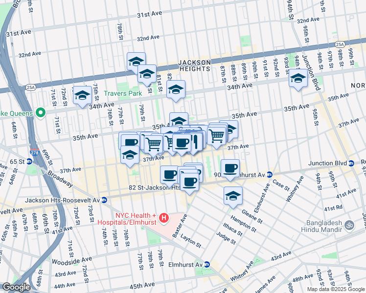 map of restaurants, bars, coffee shops, grocery stores, and more near 35-53 82nd Street in Queens
