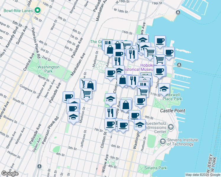 map of restaurants, bars, coffee shops, grocery stores, and more near 1021 Grand Street in Hoboken