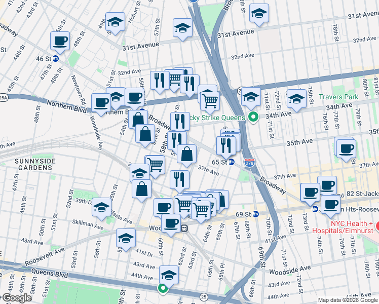 map of restaurants, bars, coffee shops, grocery stores, and more near 34-53 60th Street in Queens