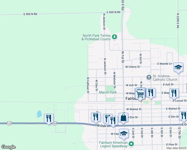 map of restaurants, bars, coffee shops, grocery stores, and more near 406 North Clay Street in Fairbury