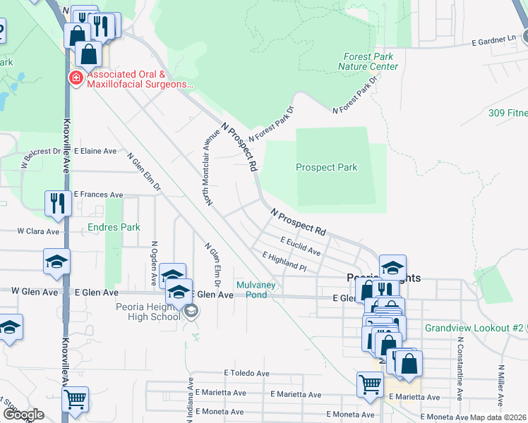 map of restaurants, bars, coffee shops, grocery stores, and more near 5217 North Prospect Road in Peoria