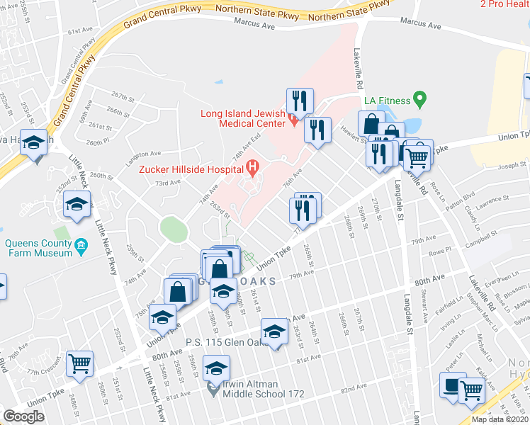 map of restaurants, bars, coffee shops, grocery stores, and more near 76-04 265th Street in Queens