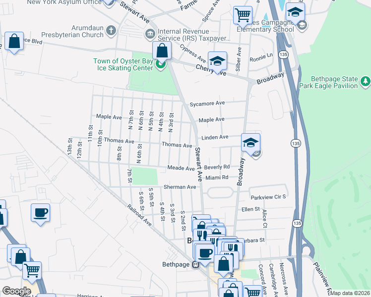 map of restaurants, bars, coffee shops, grocery stores, and more near 17 Thomas Avenue in Bethpage