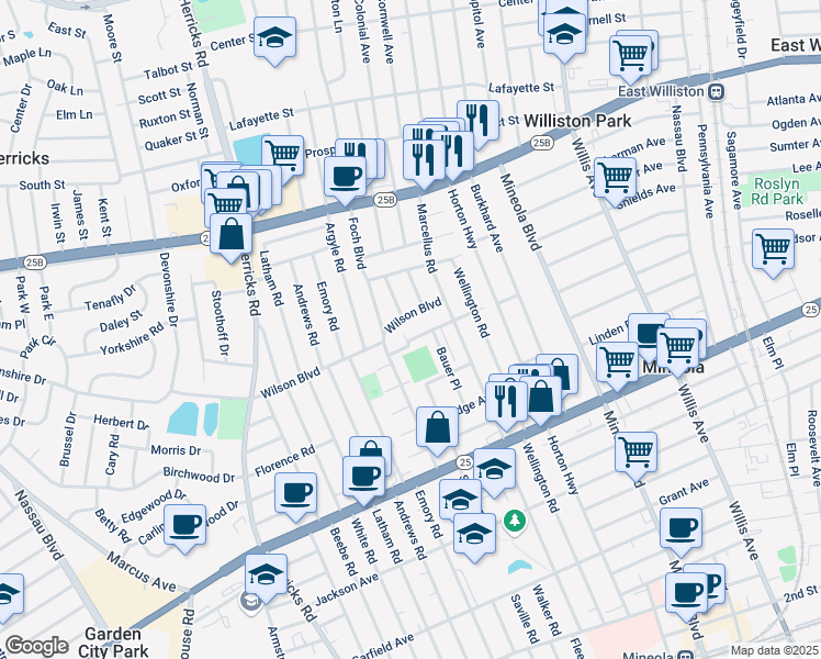 map of restaurants, bars, coffee shops, grocery stores, and more near 337 Wilson Boulevard in Mineola