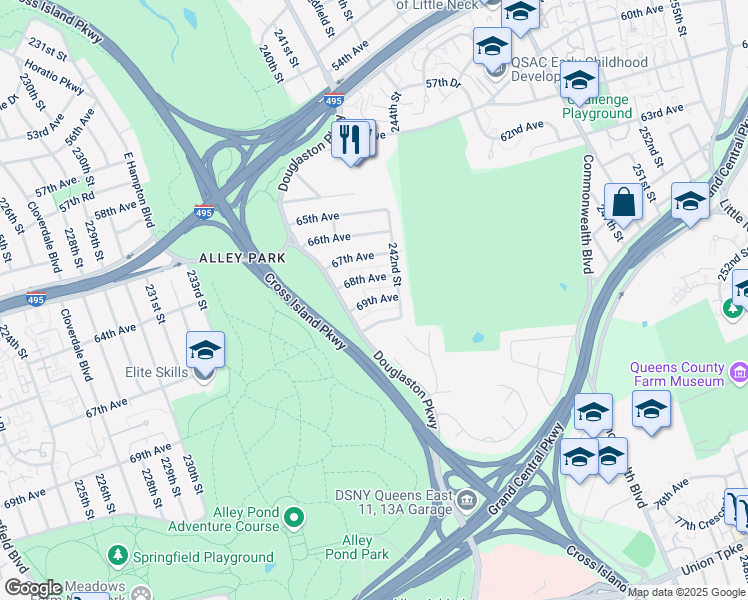 map of restaurants, bars, coffee shops, grocery stores, and more near 240-51 69th Avenue in Queens
