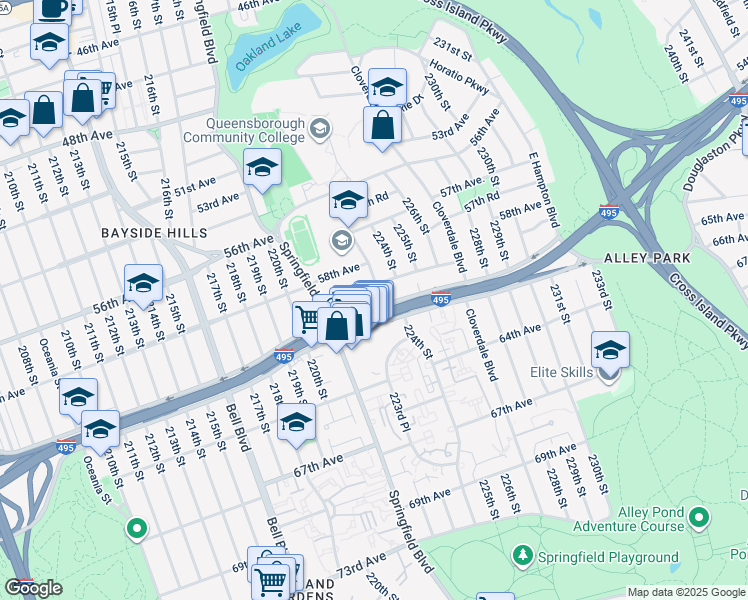 map of restaurants, bars, coffee shops, grocery stores, and more near 221-64 59th Avenue in Queens