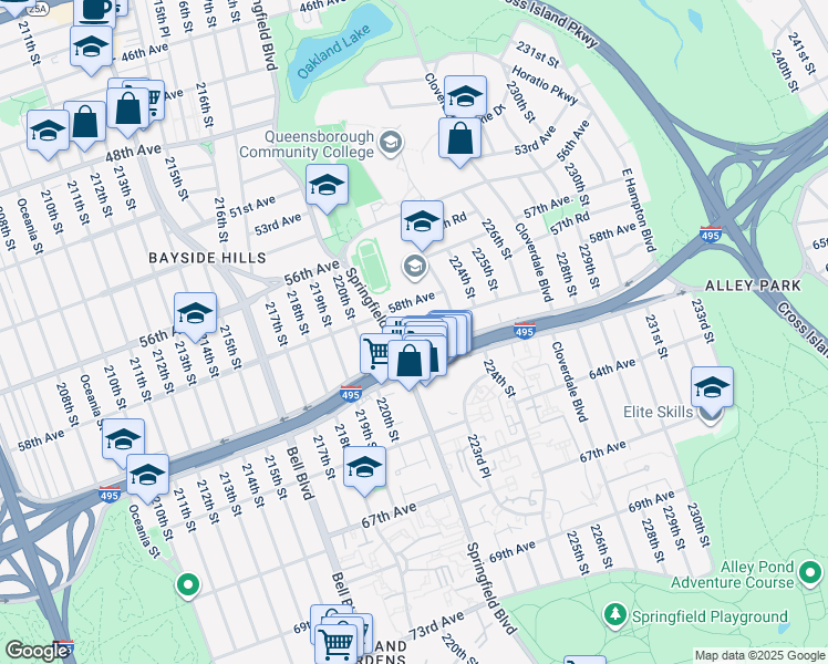map of restaurants, bars, coffee shops, grocery stores, and more near 221-27 59th Avenue in Queens
