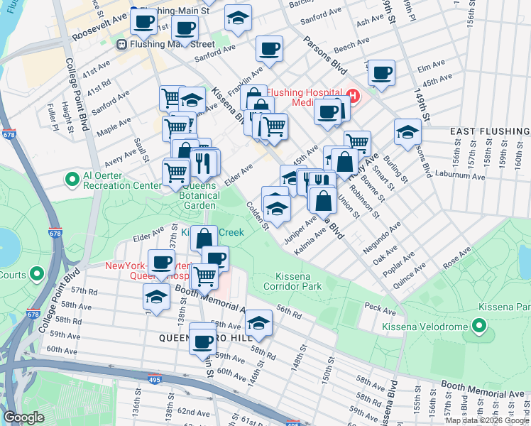 map of restaurants, bars, coffee shops, grocery stores, and more near 45-15 Colden Street in Queens