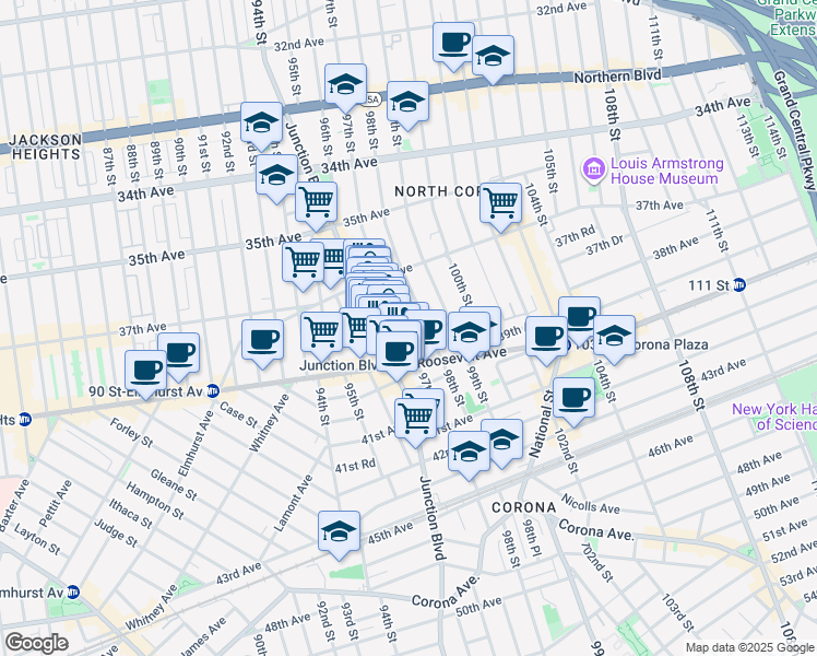 map of restaurants, bars, coffee shops, grocery stores, and more near 37-51 97th Street in Queens