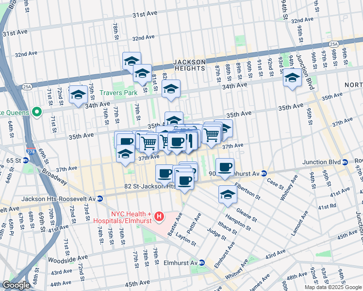 map of restaurants, bars, coffee shops, grocery stores, and more near in Queens