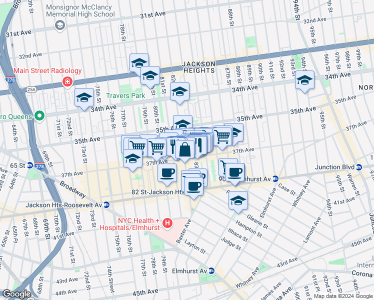 map of restaurants, bars, coffee shops, grocery stores, and more near in Queens