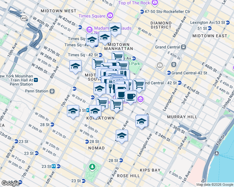 map of restaurants, bars, coffee shops, grocery stores, and more near 15 West 36th Street in New York