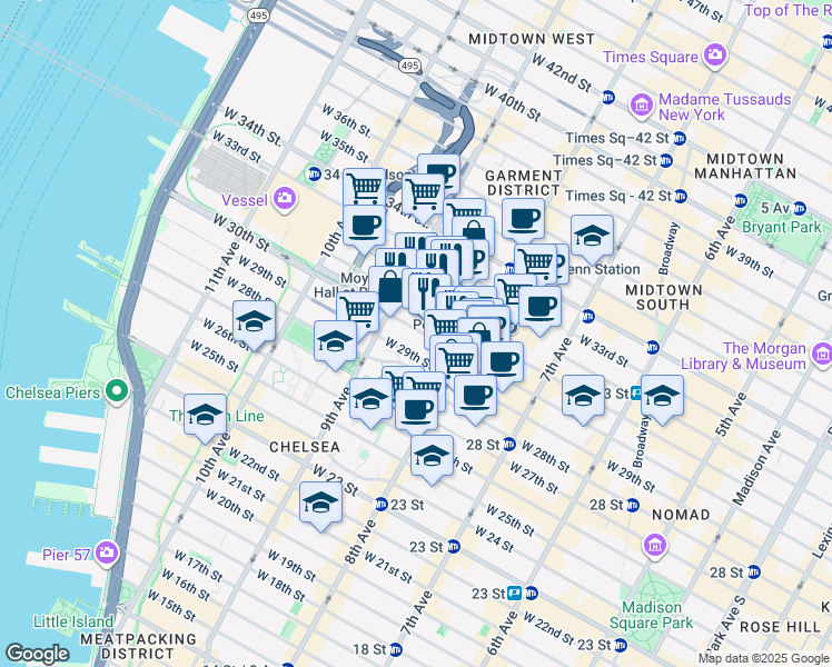 map of restaurants, bars, coffee shops, grocery stores, and more near 341 West 30th Street in New York