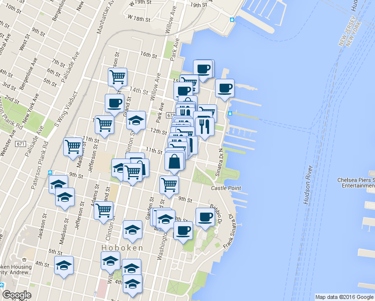 map of restaurants, bars, coffee shops, grocery stores, and more near 1117 Washington Street in Hoboken