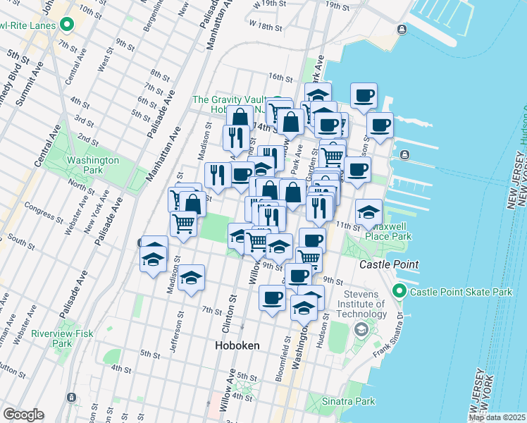 map of restaurants, bars, coffee shops, grocery stores, and more near 315 11th Street in Hoboken