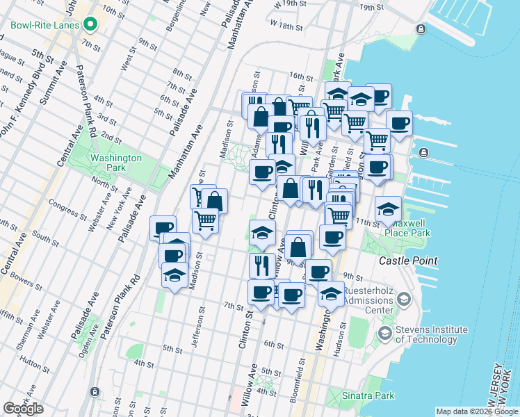 map of restaurants, bars, coffee shops, grocery stores, and more near 1035 Grand Street in Hoboken