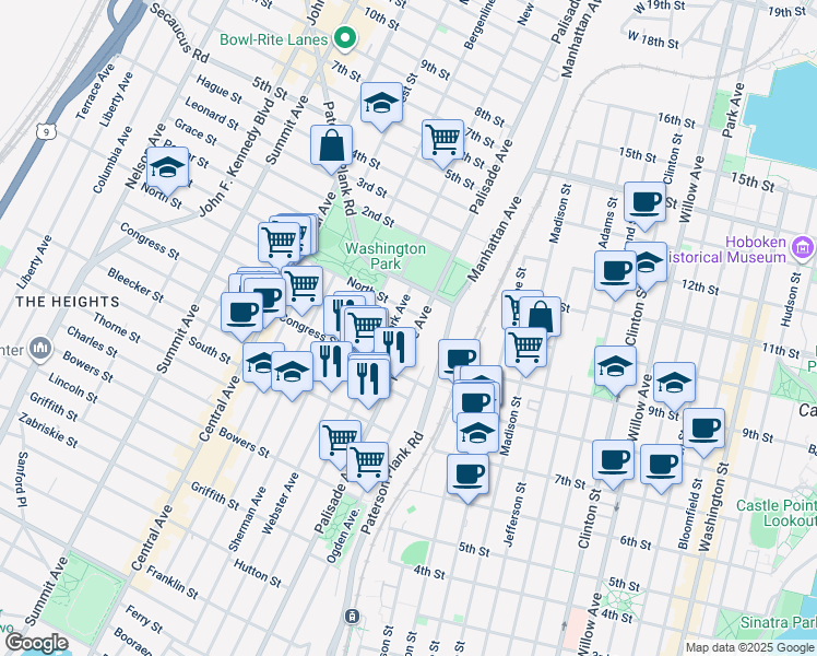 map of restaurants, bars, coffee shops, grocery stores, and more near 644 Palisade Avenue in Jersey City