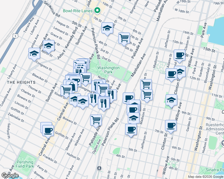 map of restaurants, bars, coffee shops, grocery stores, and more near 419 New York Avenue in Jersey City