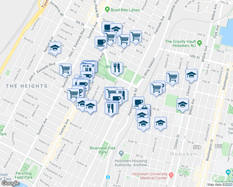 map of restaurants, bars, coffee shops, grocery stores, and more near 419 New York Avenue in Jersey City