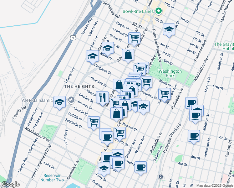map of restaurants, bars, coffee shops, grocery stores, and more near 47 Bleecker Street in Jersey City