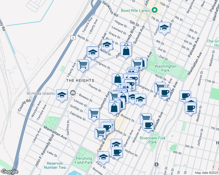 map of restaurants, bars, coffee shops, grocery stores, and more near 47 Bleecker Street in Jersey City