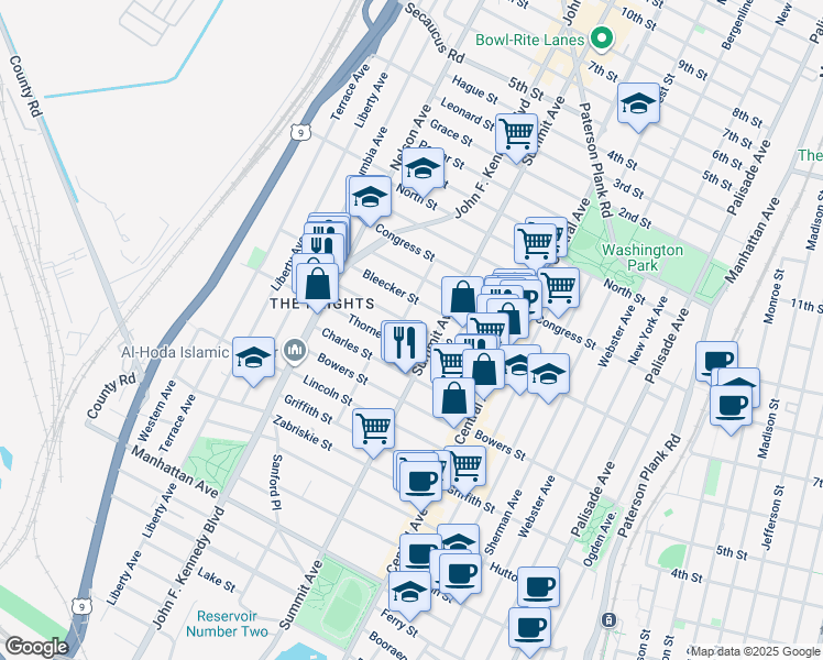 map of restaurants, bars, coffee shops, grocery stores, and more near 186-188 South Street in Jersey City