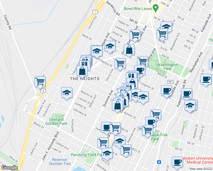 map of restaurants, bars, coffee shops, grocery stores, and more near 186-188 South Street in Jersey City