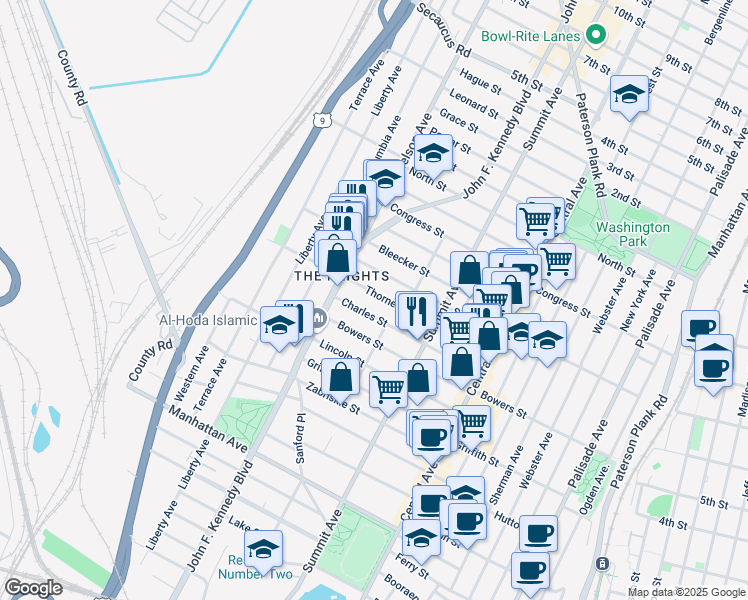 map of restaurants, bars, coffee shops, grocery stores, and more near 106 Thorne Street in Jersey City