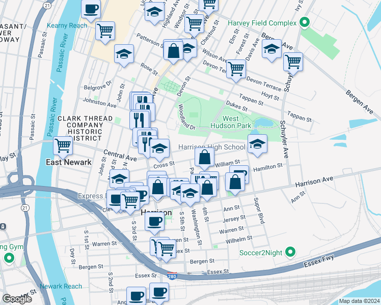 map of restaurants, bars, coffee shops, grocery stores, and more near 524 Central Avenue in Harrison