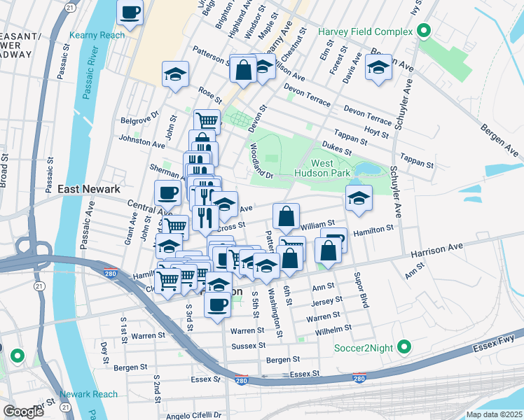 map of restaurants, bars, coffee shops, grocery stores, and more near 524 Central Avenue in Harrison