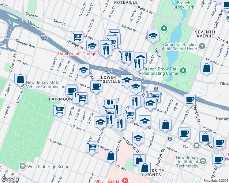 map of restaurants, bars, coffee shops, grocery stores, and more near 63 North 6th Street in Newark