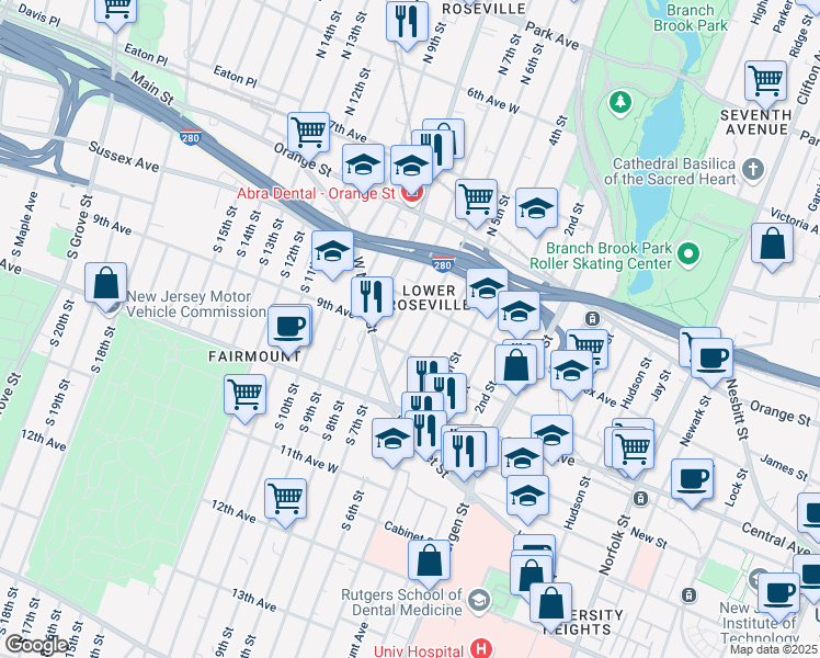 map of restaurants, bars, coffee shops, grocery stores, and more near 63 North 6th Street in Newark
