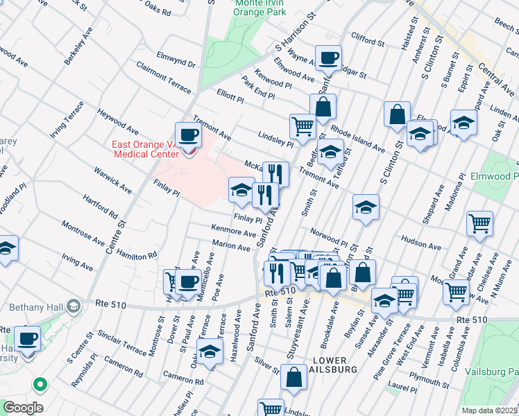 map of restaurants, bars, coffee shops, grocery stores, and more near 23 Lanark Avenue in Newark