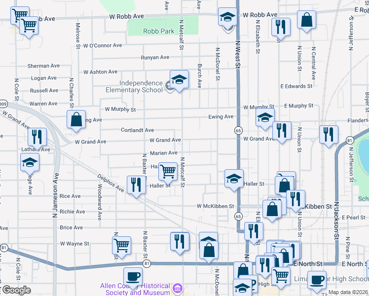 map of restaurants, bars, coffee shops, grocery stores, and more near 455 West Grand Avenue in Lima