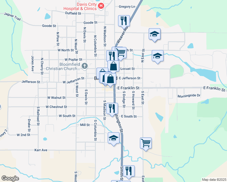 map of restaurants, bars, coffee shops, grocery stores, and more near 202 East Franklin Street in Bloomfield