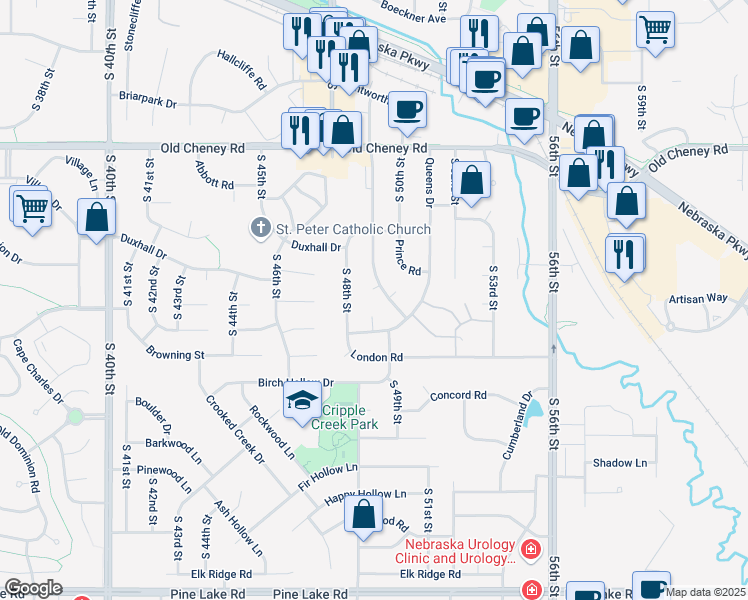 map of restaurants, bars, coffee shops, grocery stores, and more near 4801 Huddersfield Court in Lincoln