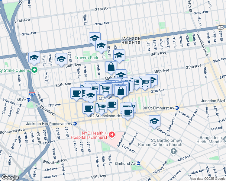 map of restaurants, bars, coffee shops, grocery stores, and more near 3550 81st Street in Queens