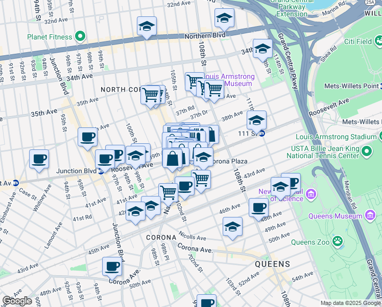 map of restaurants, bars, coffee shops, grocery stores, and more near 104-12 39th Avenue in Queens