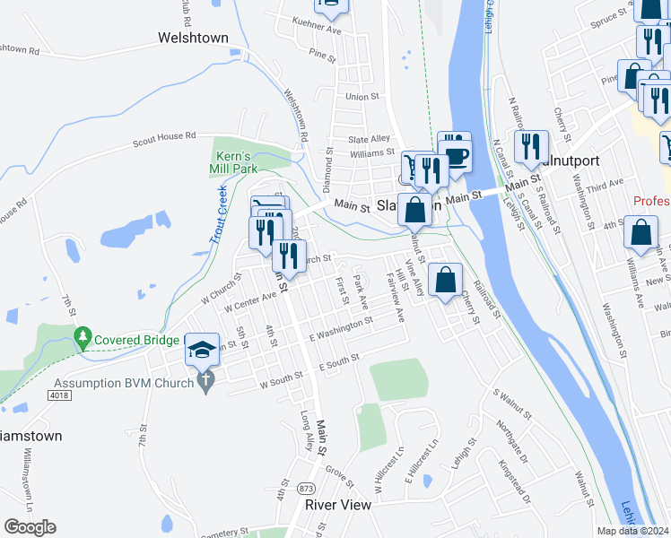 map of restaurants, bars, coffee shops, grocery stores, and more near 306 1st Street in Slatington