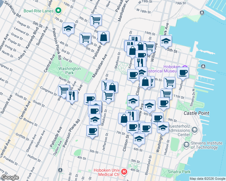 map of restaurants, bars, coffee shops, grocery stores, and more near 1000 Jefferson Street in Hoboken