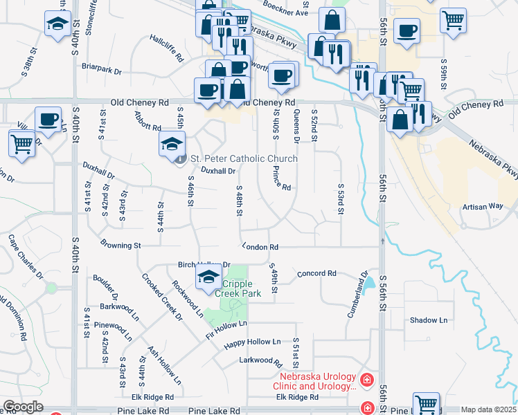map of restaurants, bars, coffee shops, grocery stores, and more near 4801 Huddersfield Court in Lincoln