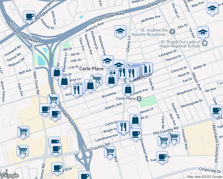 map of restaurants, bars, coffee shops, grocery stores, and more near 449 Westbury Avenue in Carle Place