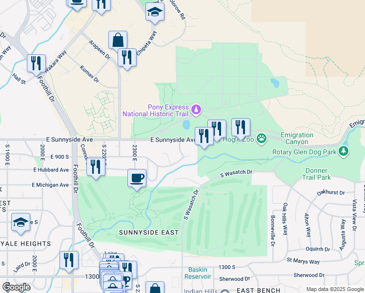 map of restaurants, bars, coffee shops, grocery stores, and more near 855 South Woodruff Way in Salt Lake City